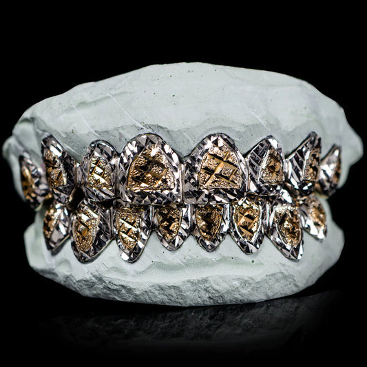 SOLID TWO TONE WHITE GOLD DIAMOND CUT WITH DIAMOND DUST GRILLZ